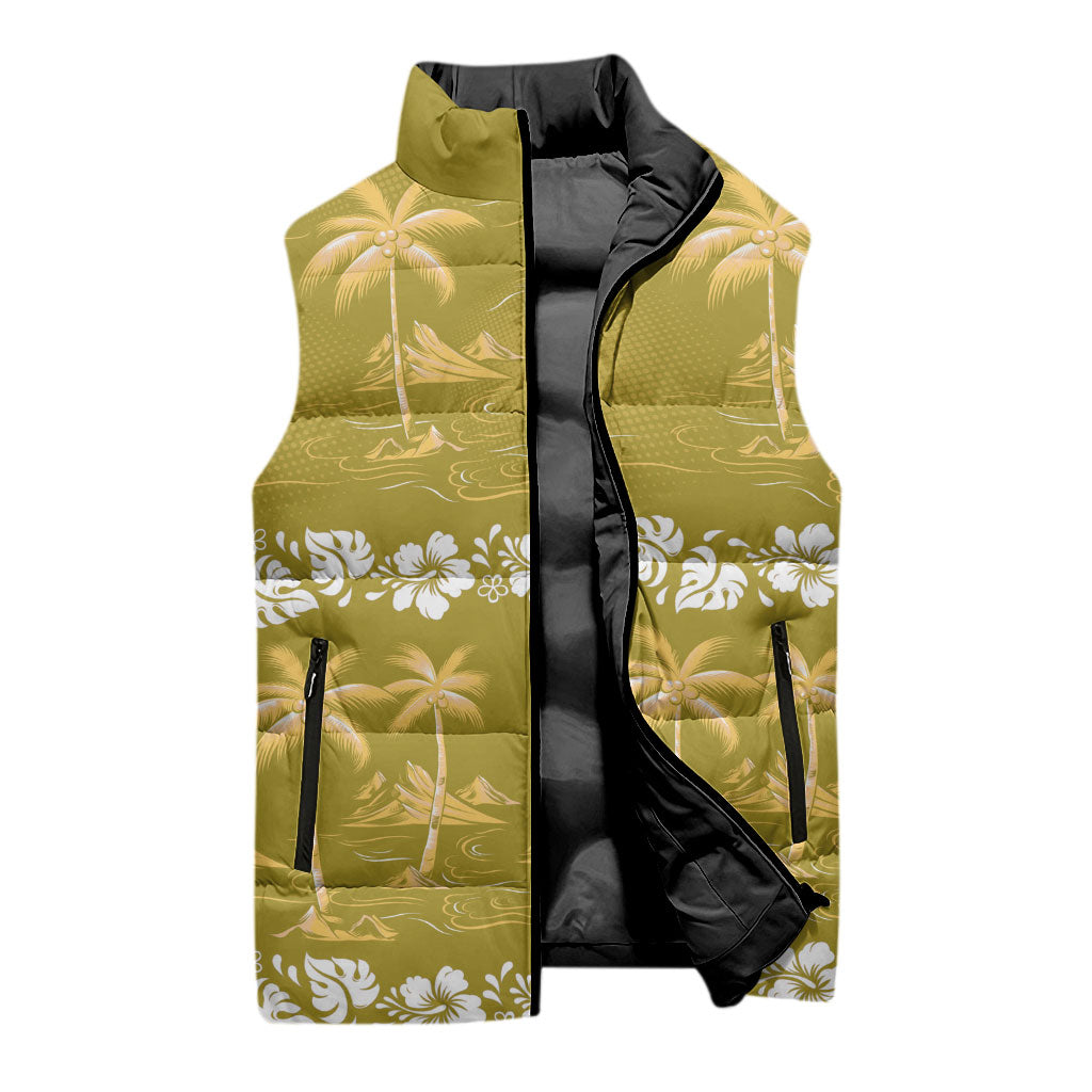 Yellow Hawaii Palm Tree Hibiscus Sleeveless Puffer Jacket Fantasy Summer Vibe LT01 - Polynesian Pride
