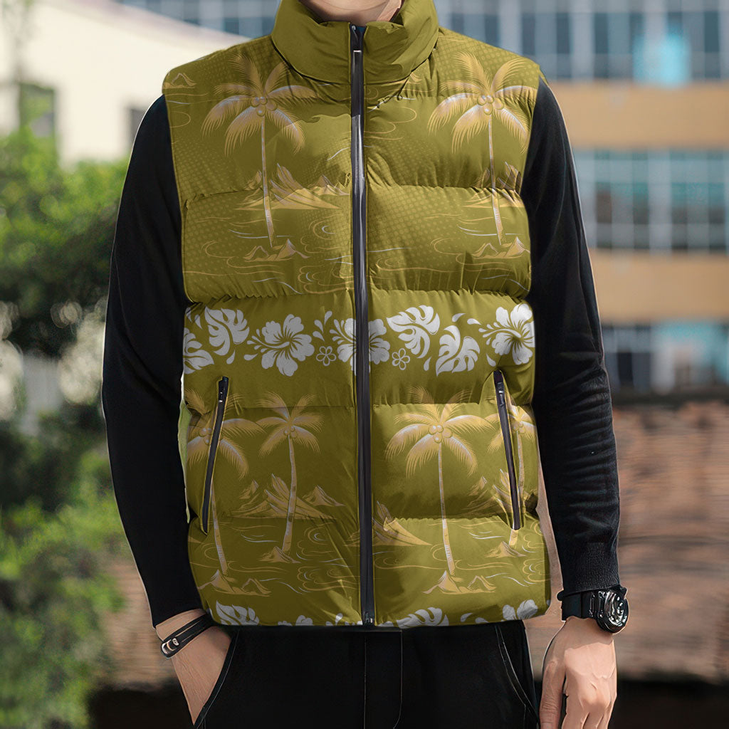 Yellow Hawaii Palm Tree Hibiscus Sleeveless Puffer Jacket Fantasy Summer Vibe LT01 - Polynesian Pride