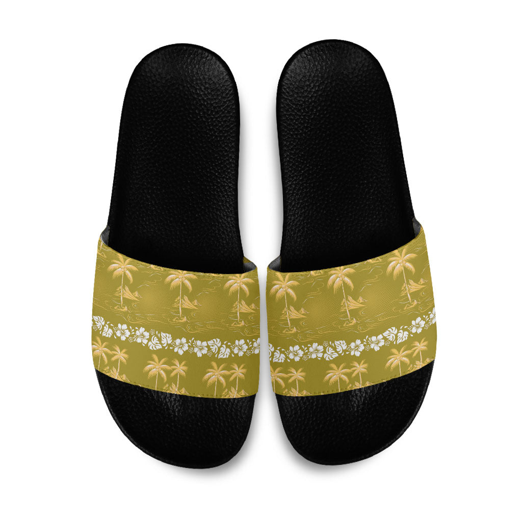 Yellow Hawaii Palm Tree Hibiscus Slide Sandals Fantasy Summer Vibe