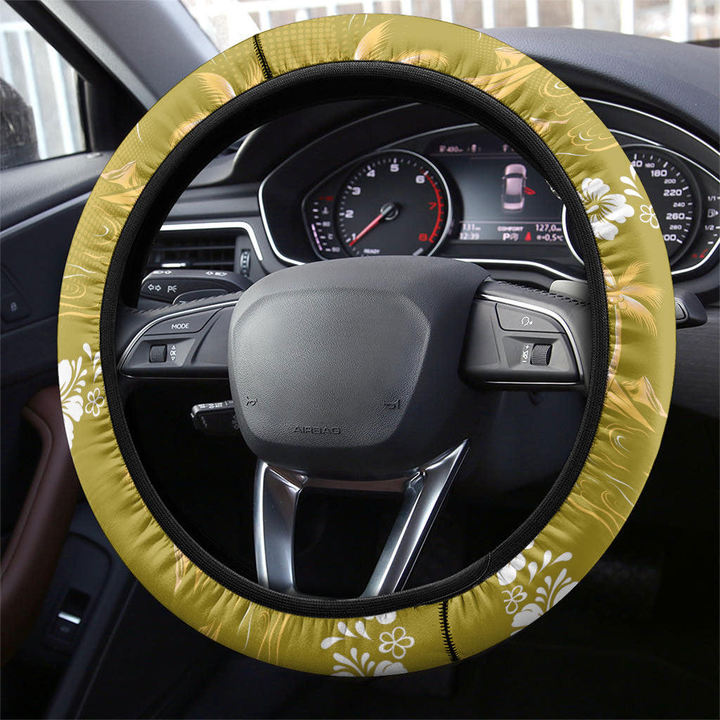 Yellow Hawaii Palm Tree Hibiscus Steering Wheel Cover Fantasy Summer Vibe LT01 - Polynesian Pride
