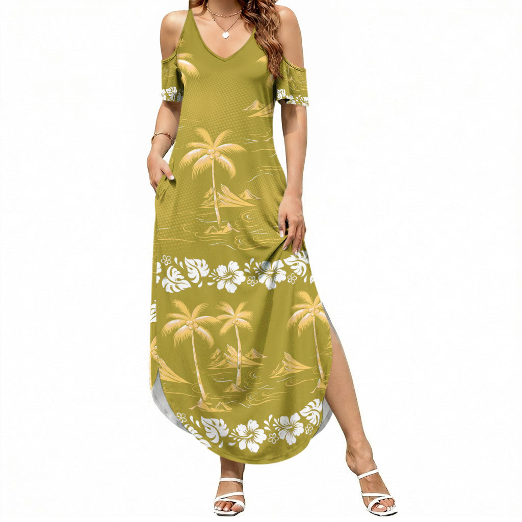 Yellow Hawaii Palm Tree Hibiscus Summer Maxi Dress Fantasy Summer Vibe LT01 Women Yellow - Polynesian Pride