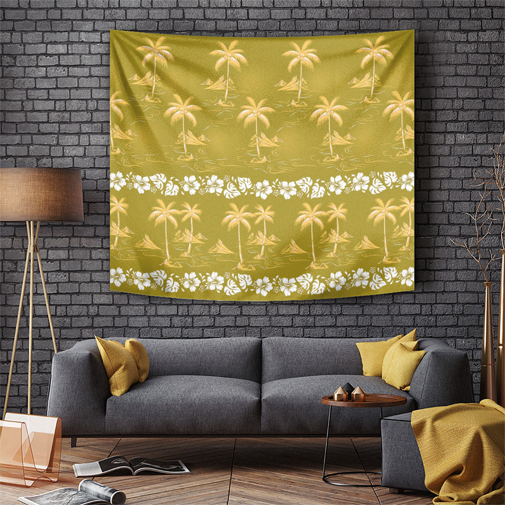 Yellow Hawaii Palm Tree Hibiscus Tapestry Fantasy Summer Vibe
