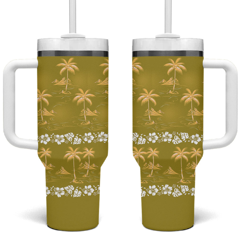Yellow Hawaii Palm Tree Hibiscus Tumbler With Handle Fantasy Summer Vibe