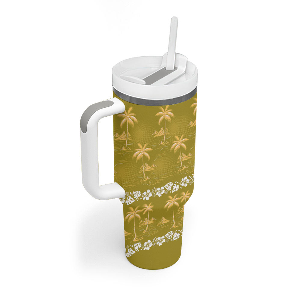 Yellow Hawaii Palm Tree Hibiscus Tumbler With Handle Fantasy Summer Vibe