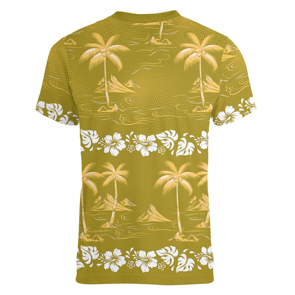 Yellow Hawaii Palm Tree Hibiscus Women V-Neck T-Shirt Fantasy Summer Vibe
