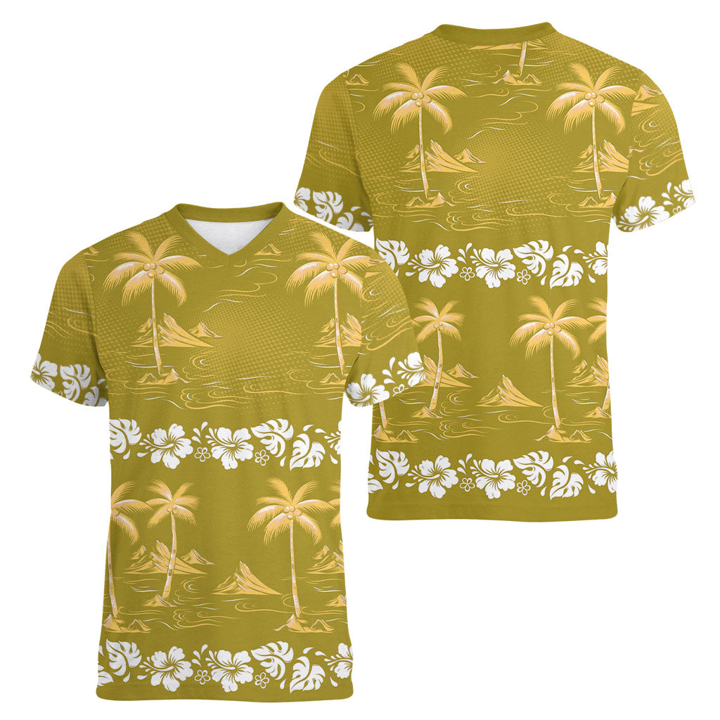 Yellow Hawaii Palm Tree Hibiscus Women V-Neck T-Shirt Fantasy Summer Vibe
