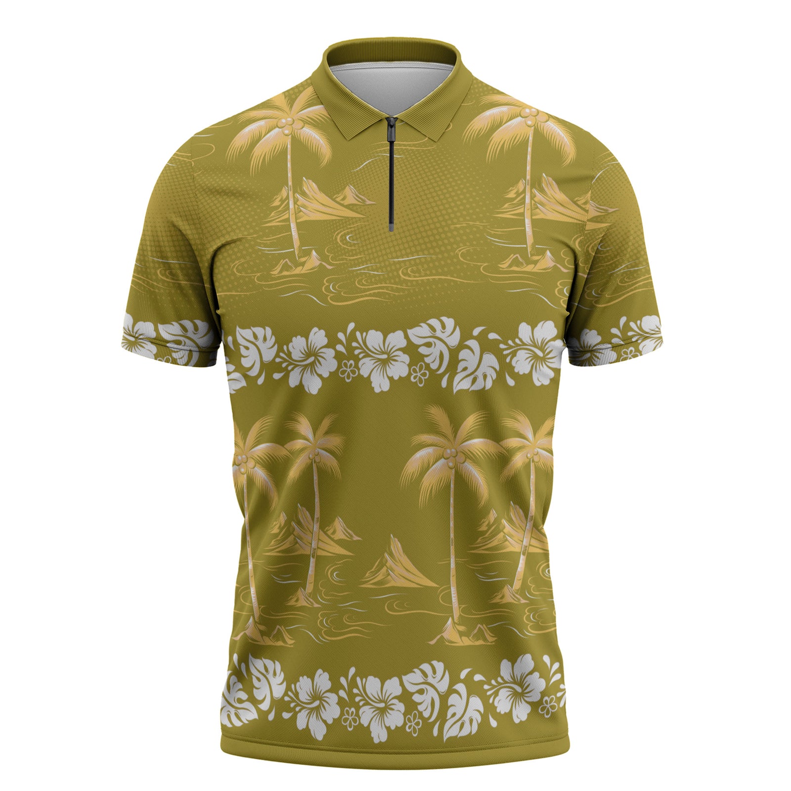 Yellow Hawaii Palm Tree Hibiscus Zipper Polo Shirt Fantasy Summer Vibe