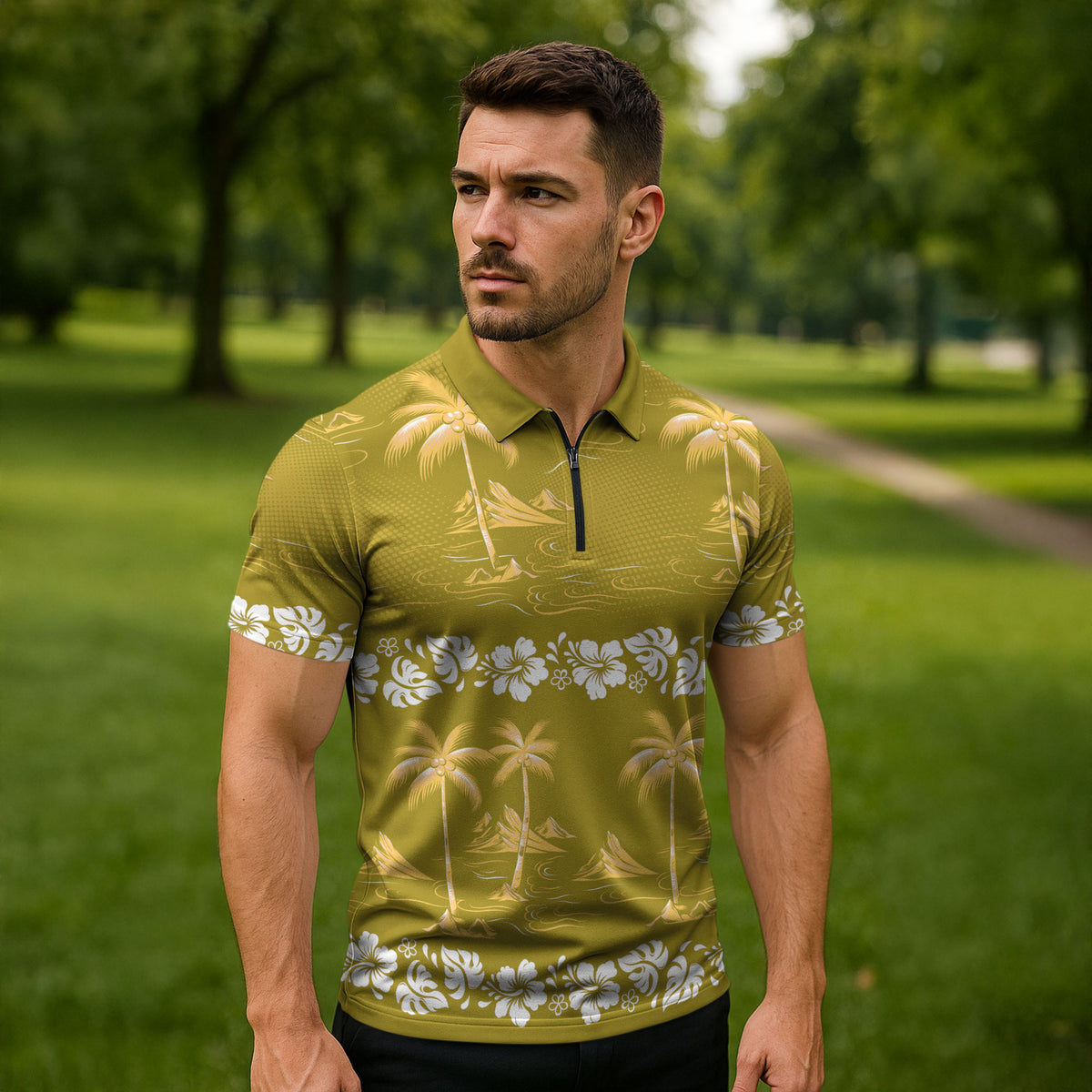 Yellow Hawaii Palm Tree Hibiscus Zipper Polo Shirt Fantasy Summer Vibe