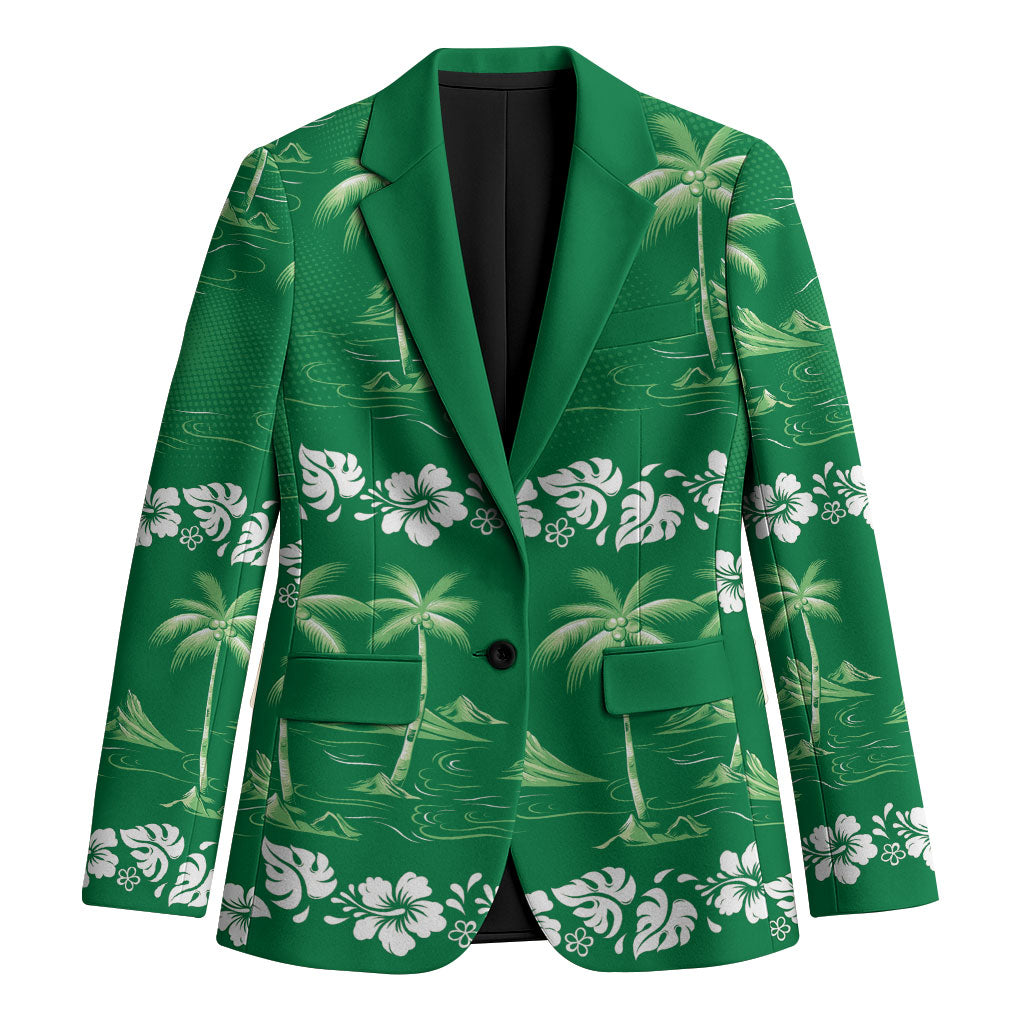 Green Hawaii Palm Tree Hibiscus Blazer Fantasy Summer Vibe