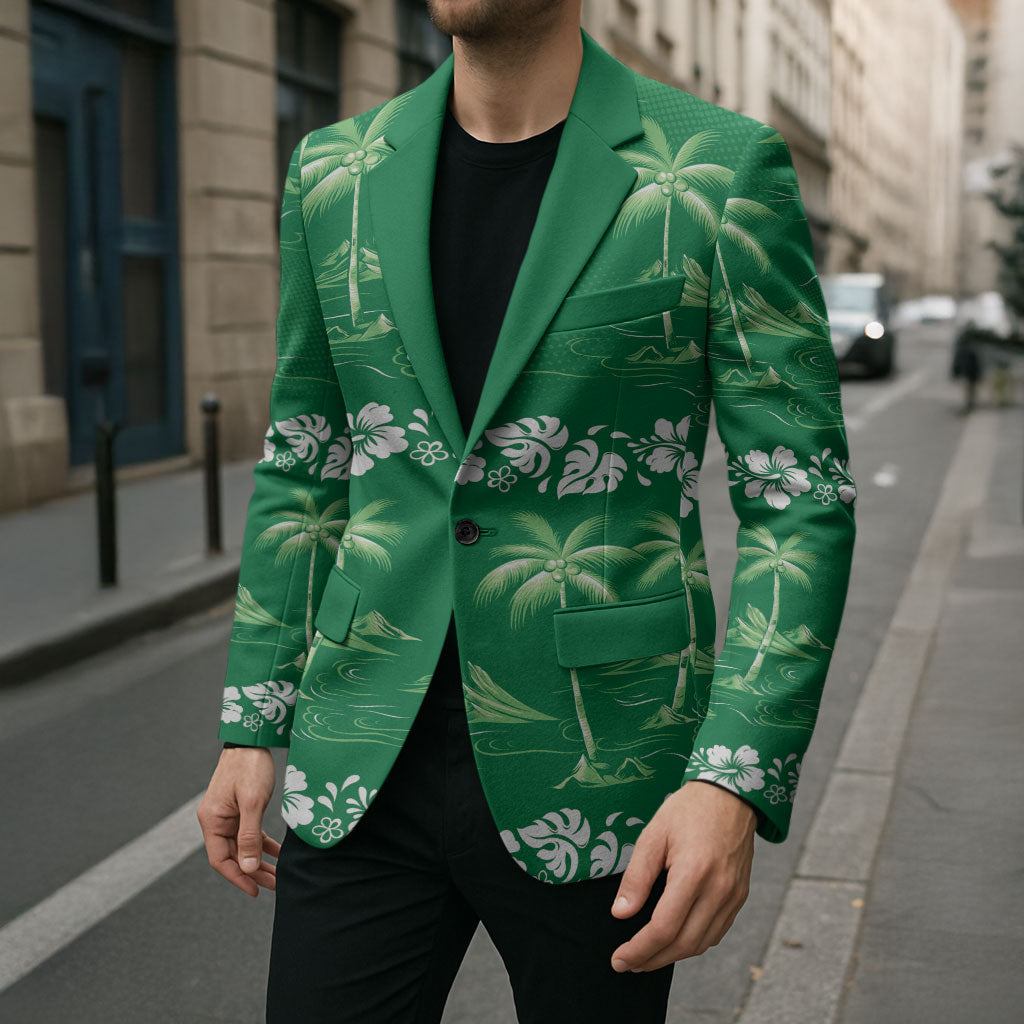 Green Hawaii Palm Tree Hibiscus Blazer Fantasy Summer Vibe