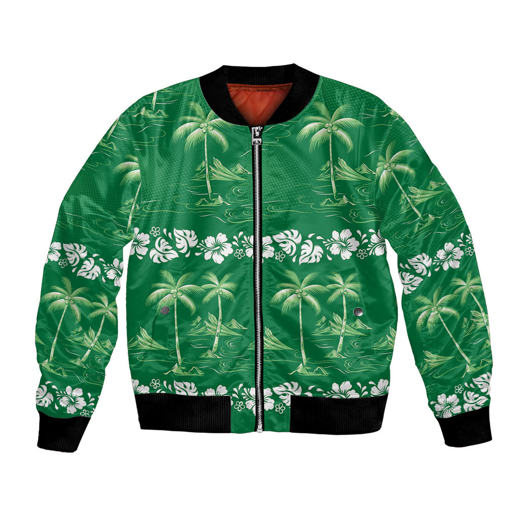 Green Hawaii Palm Tree Hibiscus Bomber Jacket Fantasy Summer Vibe