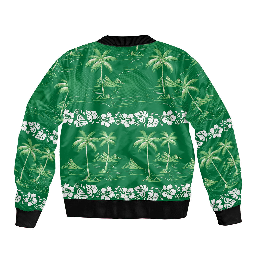 Green Hawaii Palm Tree Hibiscus Bomber Jacket Fantasy Summer Vibe