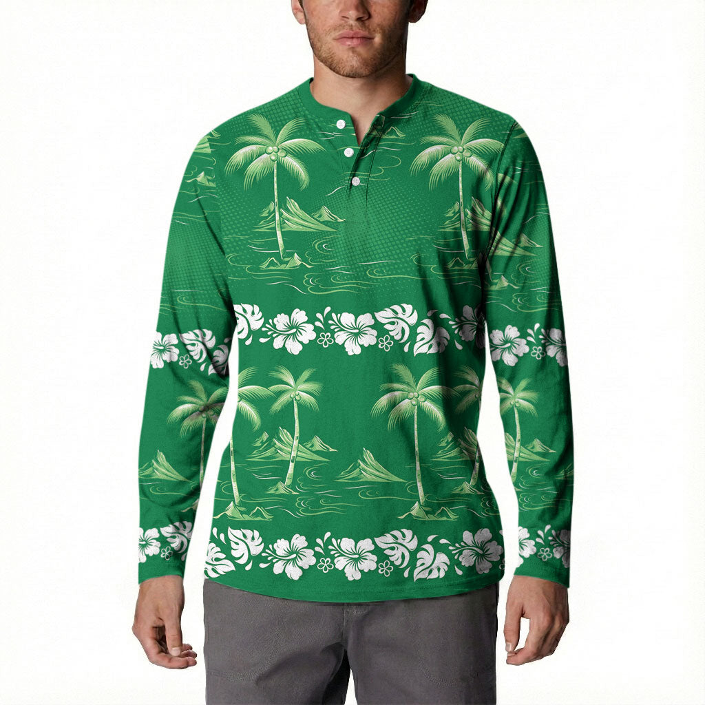 Green Hawaii Palm Tree Hibiscus Button Sweatshirt Fantasy Summer Vibe