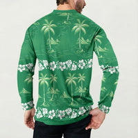 Green Hawaii Palm Tree Hibiscus Button Sweatshirt Fantasy Summer Vibe