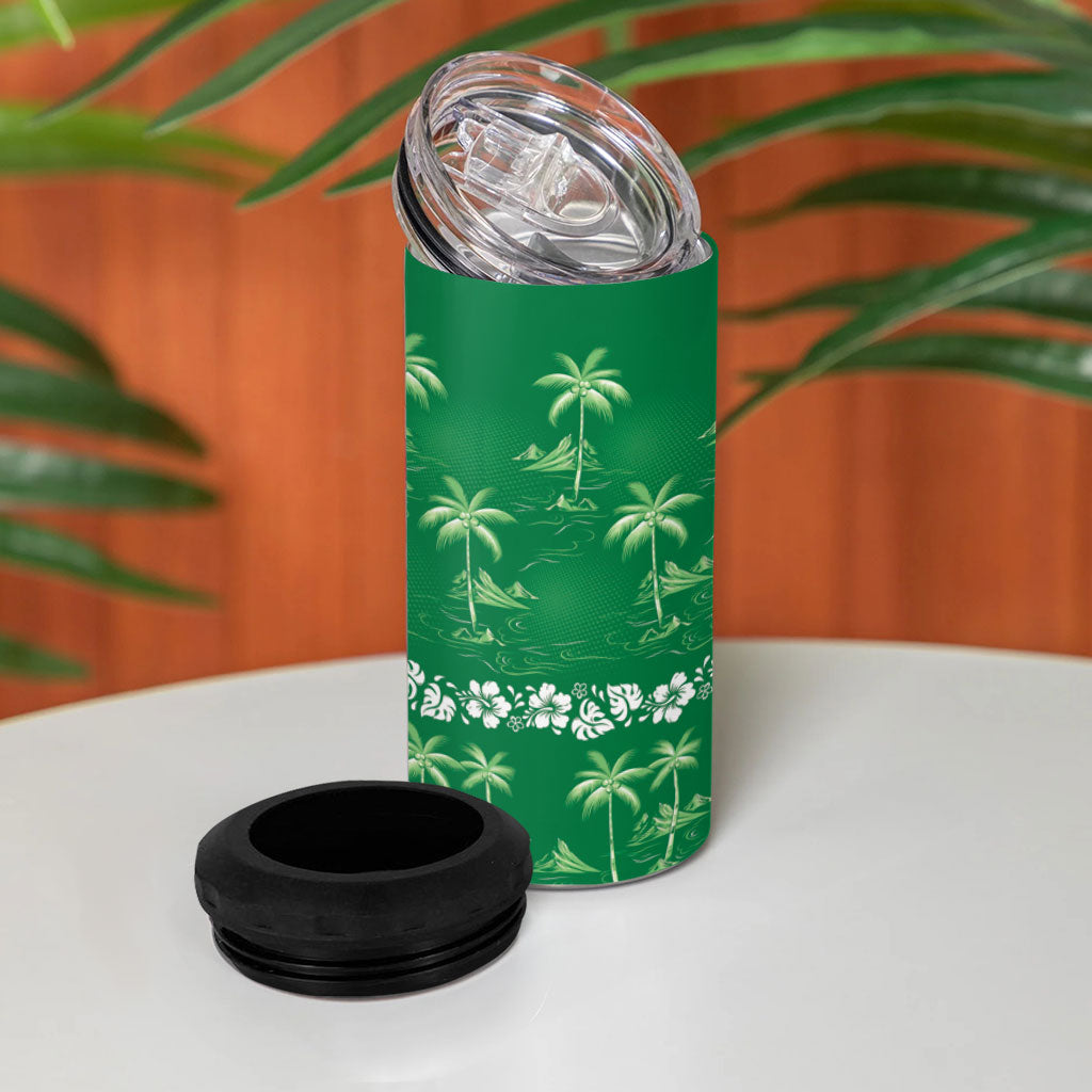 Green Hawaii Palm Tree Hibiscus 4 in 1 Can Cooler Tumbler Fantasy Summer Vibe