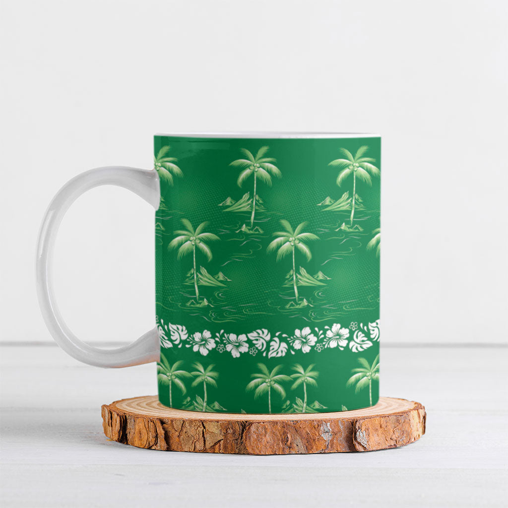 Green Hawaii Palm Tree Hibiscus Ceramic Mug Fantasy Summer Vibe