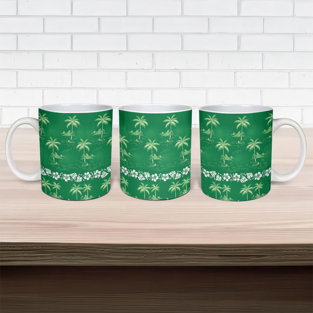 Green Hawaii Palm Tree Hibiscus Ceramic Mug Fantasy Summer Vibe
