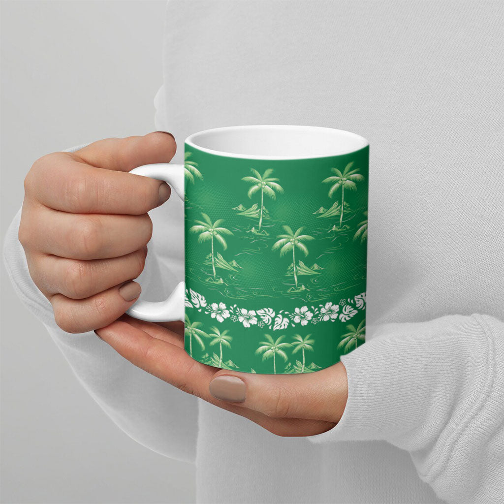 Green Hawaii Palm Tree Hibiscus Ceramic Mug Fantasy Summer Vibe