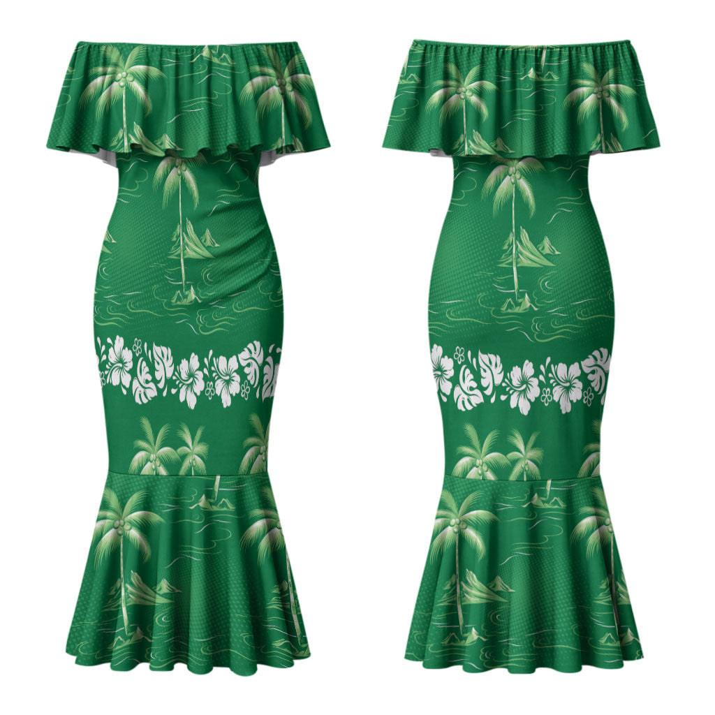 Green Hawaii Palm Tree Hibiscus Couples Matching Mermaid Dress and Hawaiian Shirt Fantasy Summer Vibe LT01 - Polynesian Pride