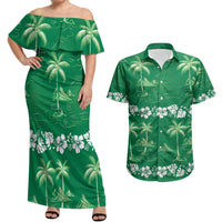 Green Hawaii Palm Tree Hibiscus Couples Matching Off Shoulder Maxi Dress and Hawaiian Shirt Fantasy Summer Vibe LT01 Green - Polynesian Pride