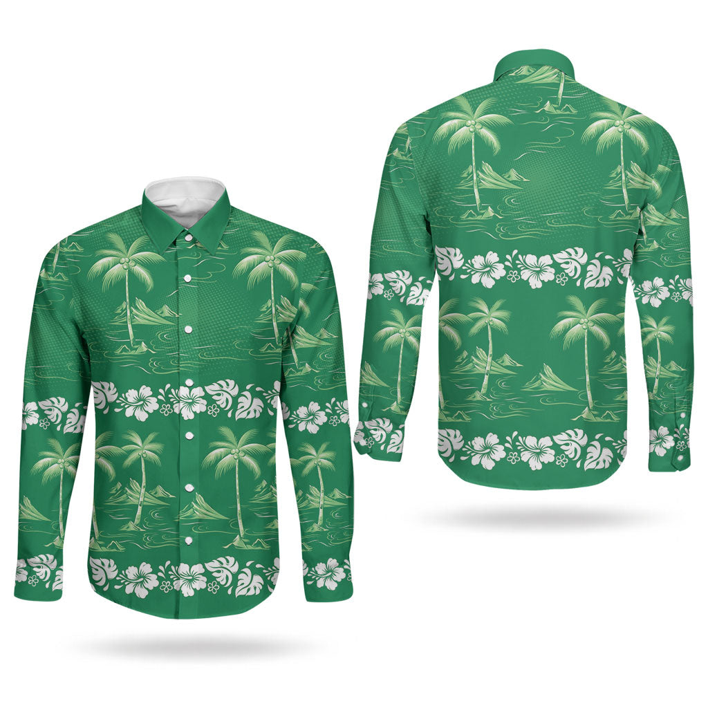 Green Hawaii Palm Tree Hibiscus Couples Matching Off Shoulder Maxi Dress and Long Sleeve Button Shirt Fantasy Summer Vibe LT01 - Polynesian Pride
