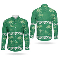 Green Hawaii Palm Tree Hibiscus Couples Matching Off Shoulder Maxi Dress and Long Sleeve Button Shirt Fantasy Summer Vibe LT01 - Polynesian Pride