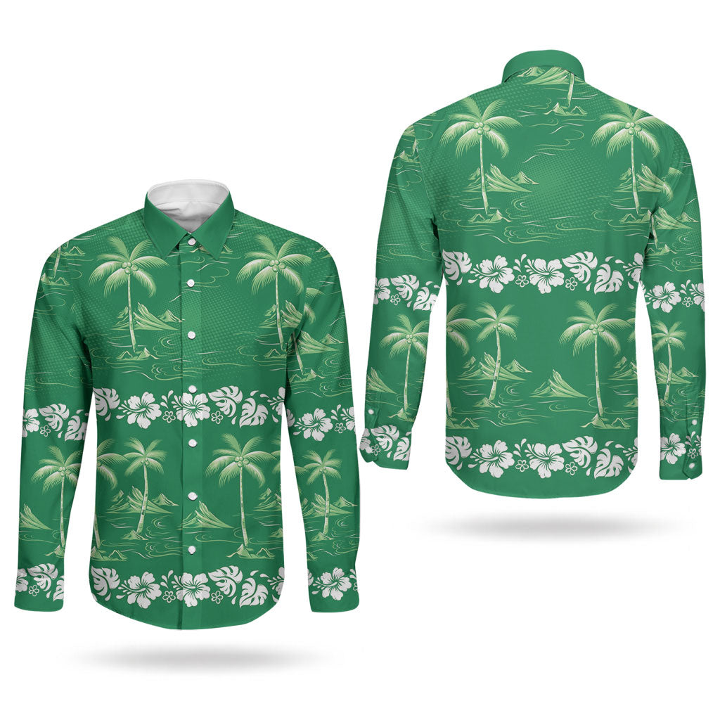 Green Hawaii Palm Tree Hibiscus Couples Matching Off Shoulder Short Dress and Long Sleeve Button Shirt Fantasy Summer Vibe