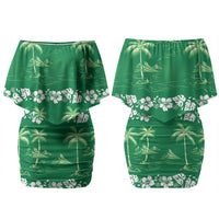Green Hawaii Palm Tree Hibiscus Couples Matching Off Shoulder Short Dress and Long Sleeve Button Shirt Fantasy Summer Vibe
