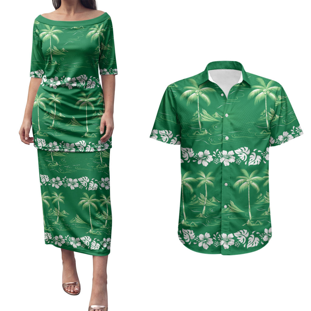 Green Hawaii Palm Tree Hibiscus Couples Matching Puletasi and Hawaiian Shirt Fantasy Summer Vibe
