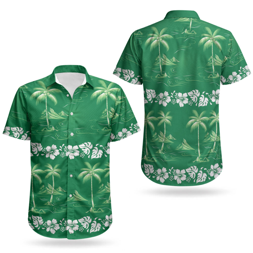 Green Hawaii Palm Tree Hibiscus Couples Matching Short Sleeve Bodycon Dress and Hawaiian Shirt Fantasy Summer Vibe LT01 - Polynesian Pride