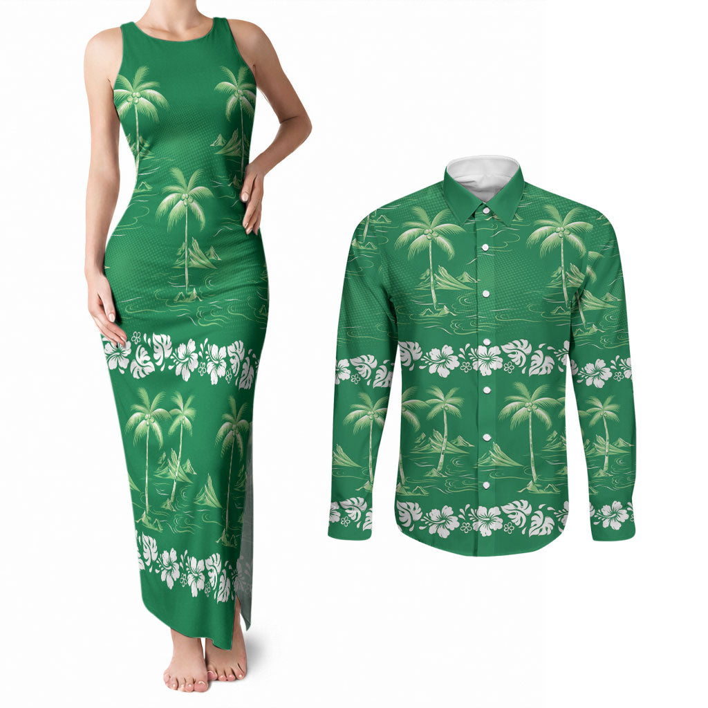 Green Hawaii Palm Tree Hibiscus Couples Matching Tank Maxi Dress and Long Sleeve Button Shirt Fantasy Summer Vibe LT01 Green - Polynesian Pride