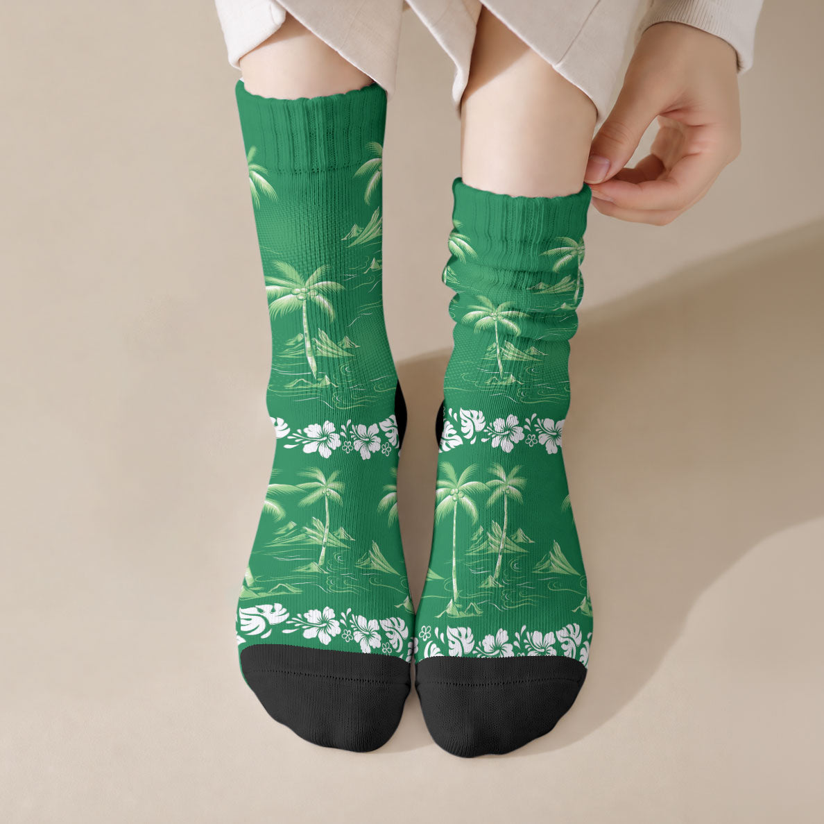 Green Hawaii Palm Tree Hibiscus Crew Socks Fantasy Summer Vibe
