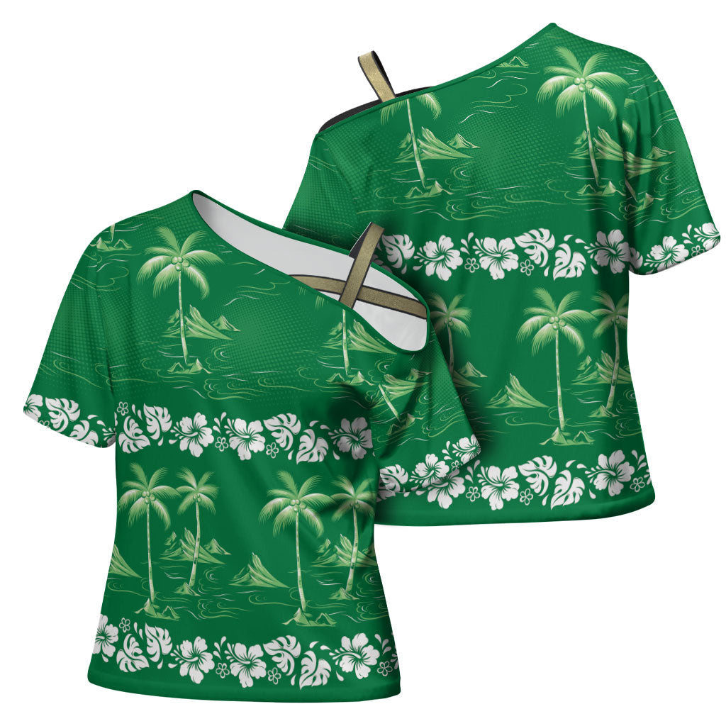 Green Hawaii Palm Tree Hibiscus Cross Shoulder Shirt Fantasy Summer Vibe