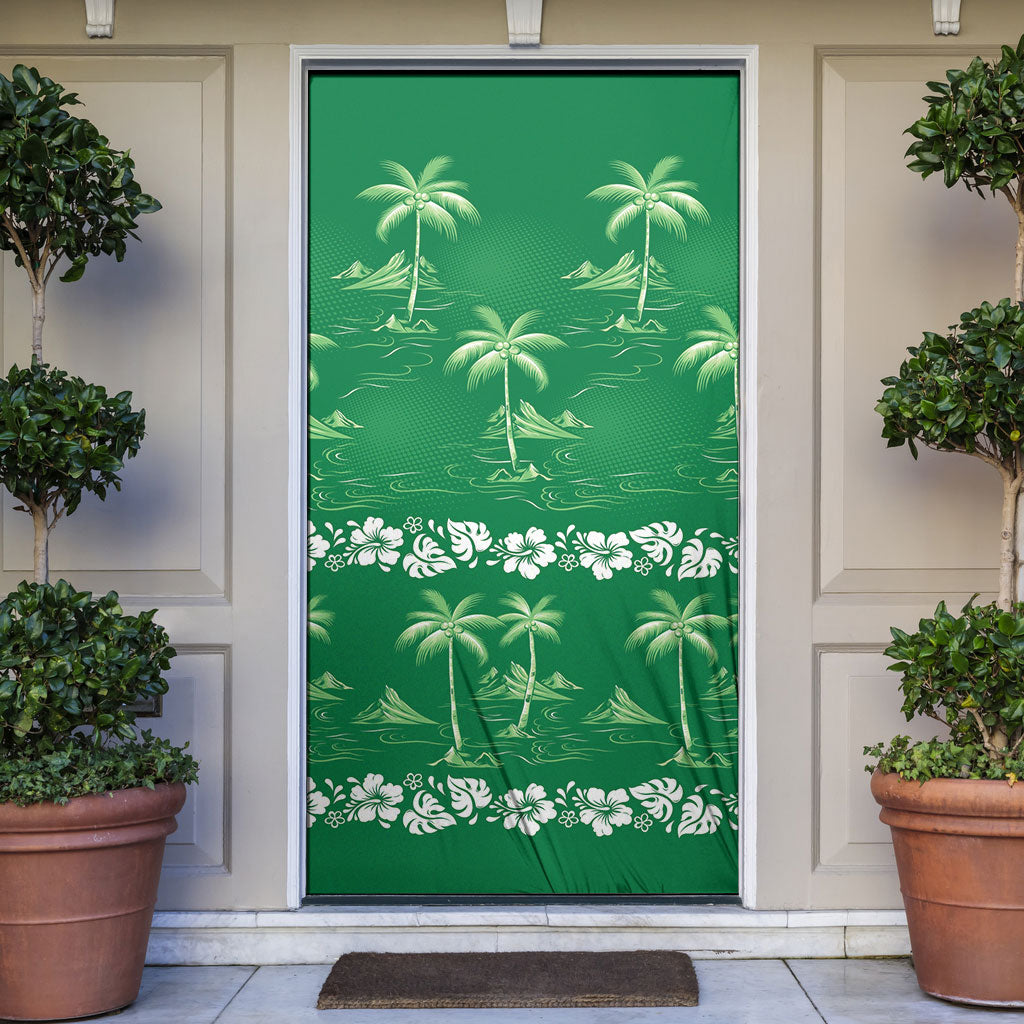 Green Hawaii Palm Tree Hibiscus Door Cover Fantasy Summer Vibe