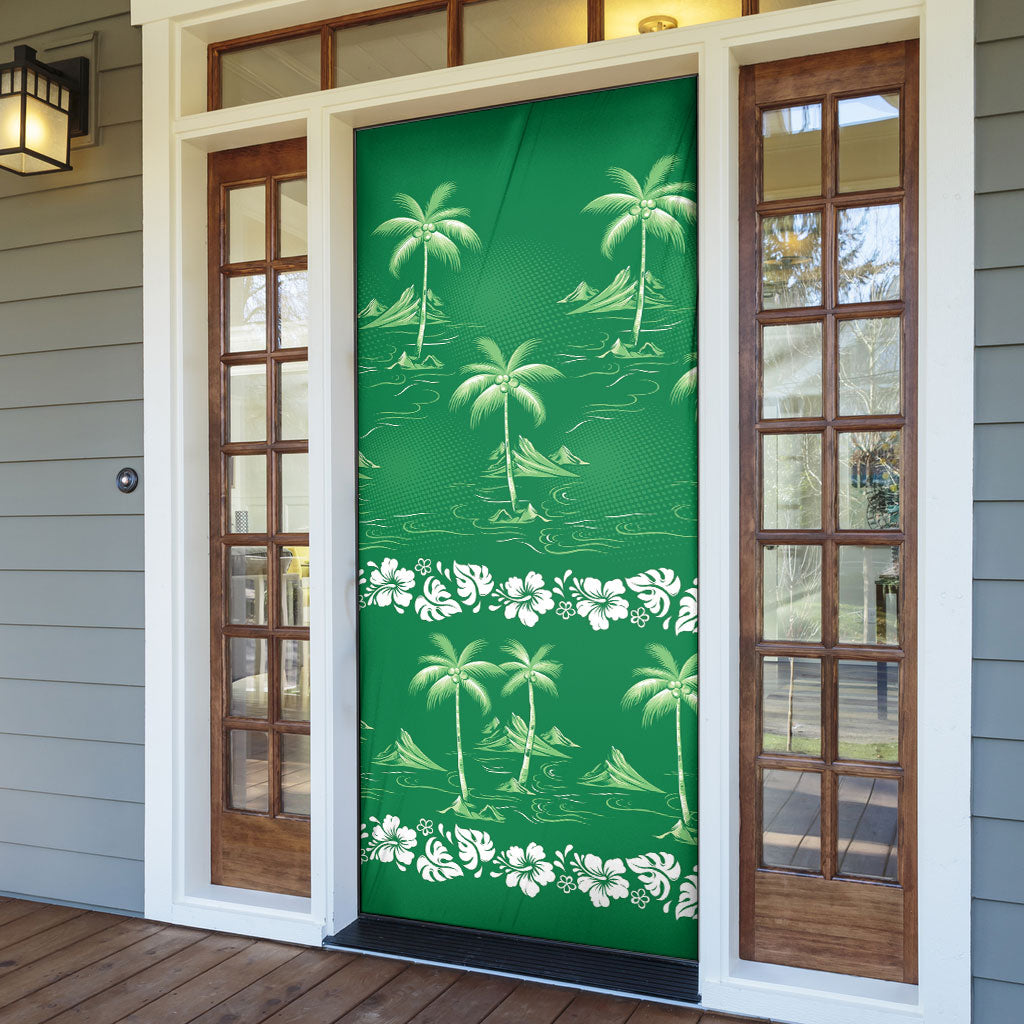 Green Hawaii Palm Tree Hibiscus Door Cover Fantasy Summer Vibe