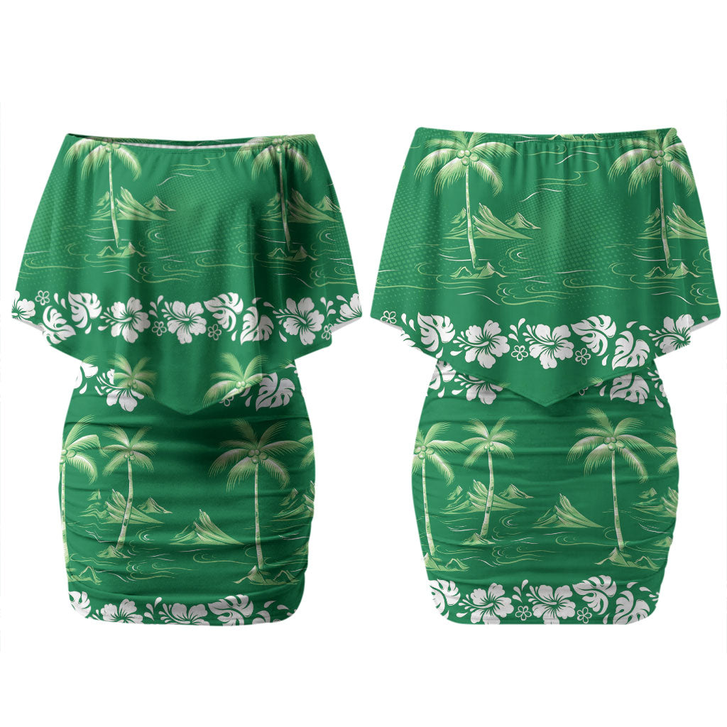 Green Hawaii Palm Tree Hibiscus Family Matching Off Shoulder Short Dress and Hawaiian Shirt Fantasy Summer Vibe LT01 Mom's Dress Green - Polynesian Pride