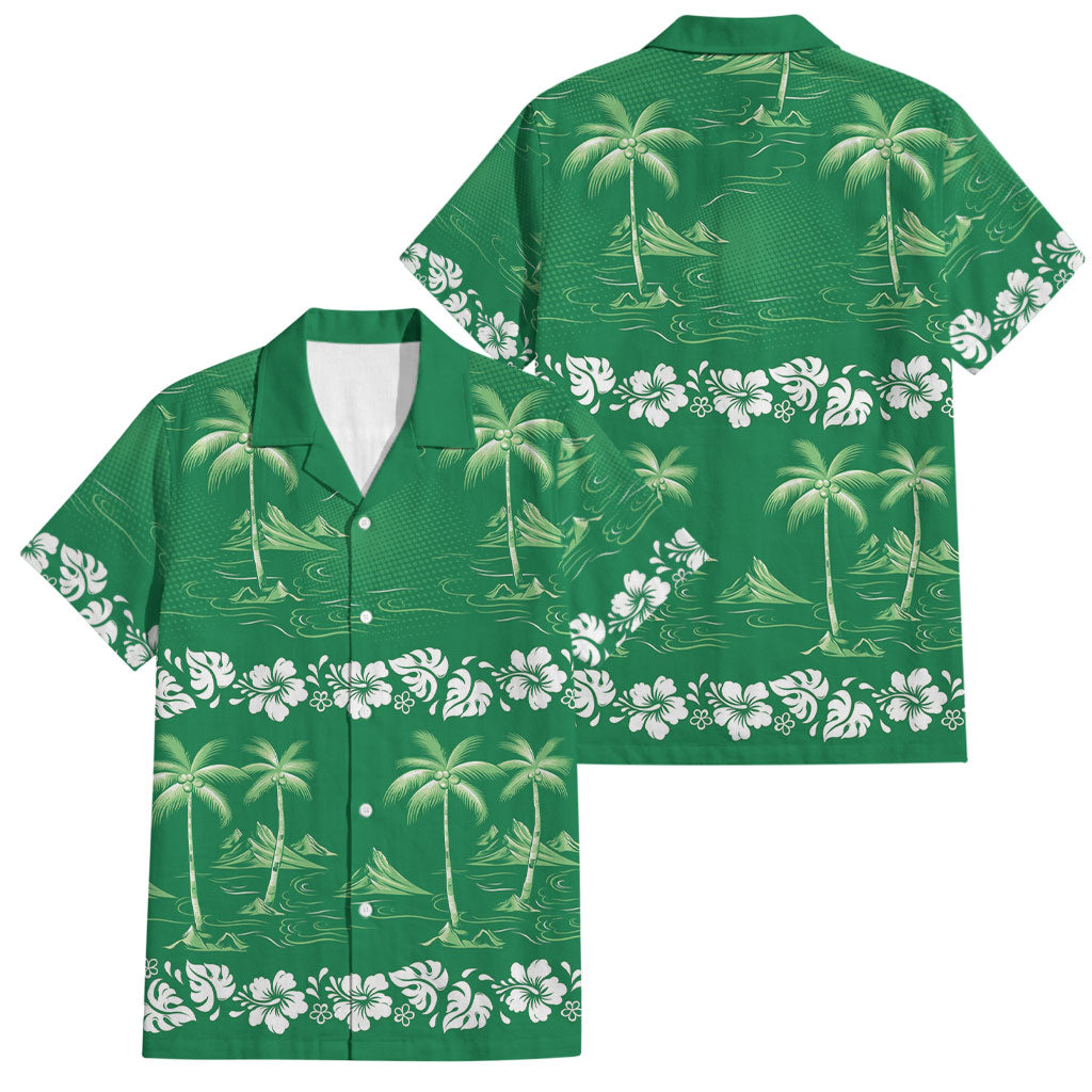 Green Hawaii Palm Tree Hibiscus Family Matching Puletasi and Hawaiian Shirt Fantasy Summer Vibe LT01 Dad's Shirt - Short Sleeve Green - Polynesian Pride