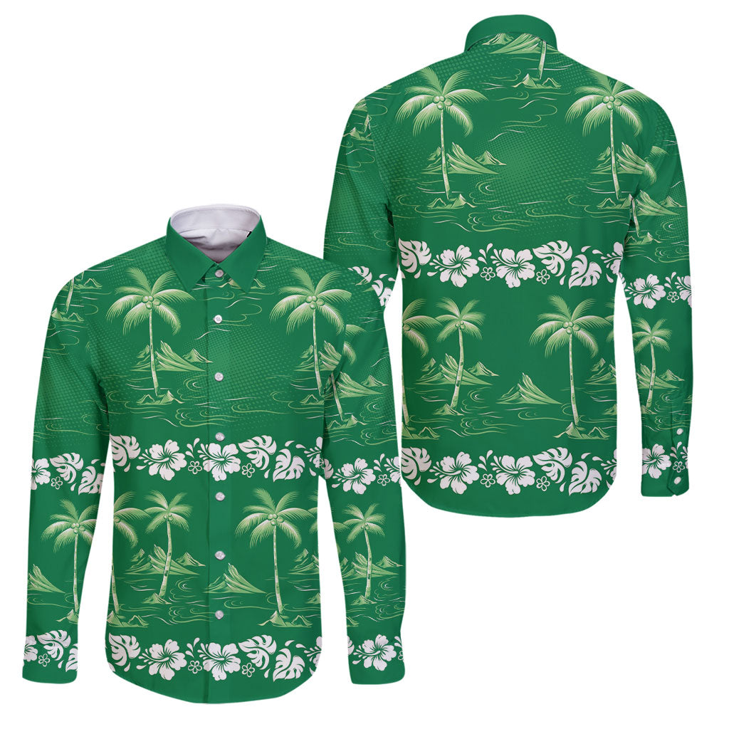 Green Hawaii Palm Tree Hibiscus Family Matching Puletasi and Hawaiian Shirt Fantasy Summer Vibe LT01 Dad's Shirt - Long Sleeve Green - Polynesian Pride