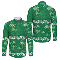 Green Hawaii Palm Tree Hibiscus Family Matching Puletasi and Hawaiian Shirt Fantasy Summer Vibe LT01 Dad's Shirt - Long Sleeve Green - Polynesian Pride
