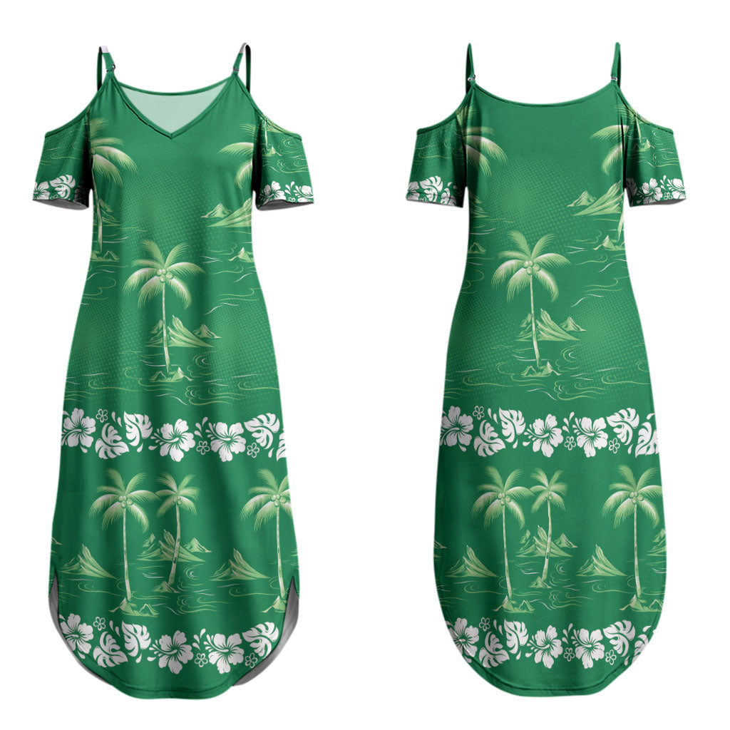 Green Hawaii Palm Tree Hibiscus Family Matching Summer Maxi Dress and Hawaiian Shirt Fantasy Summer Vibe LT01 Mom's Dress Green - Polynesian Pride