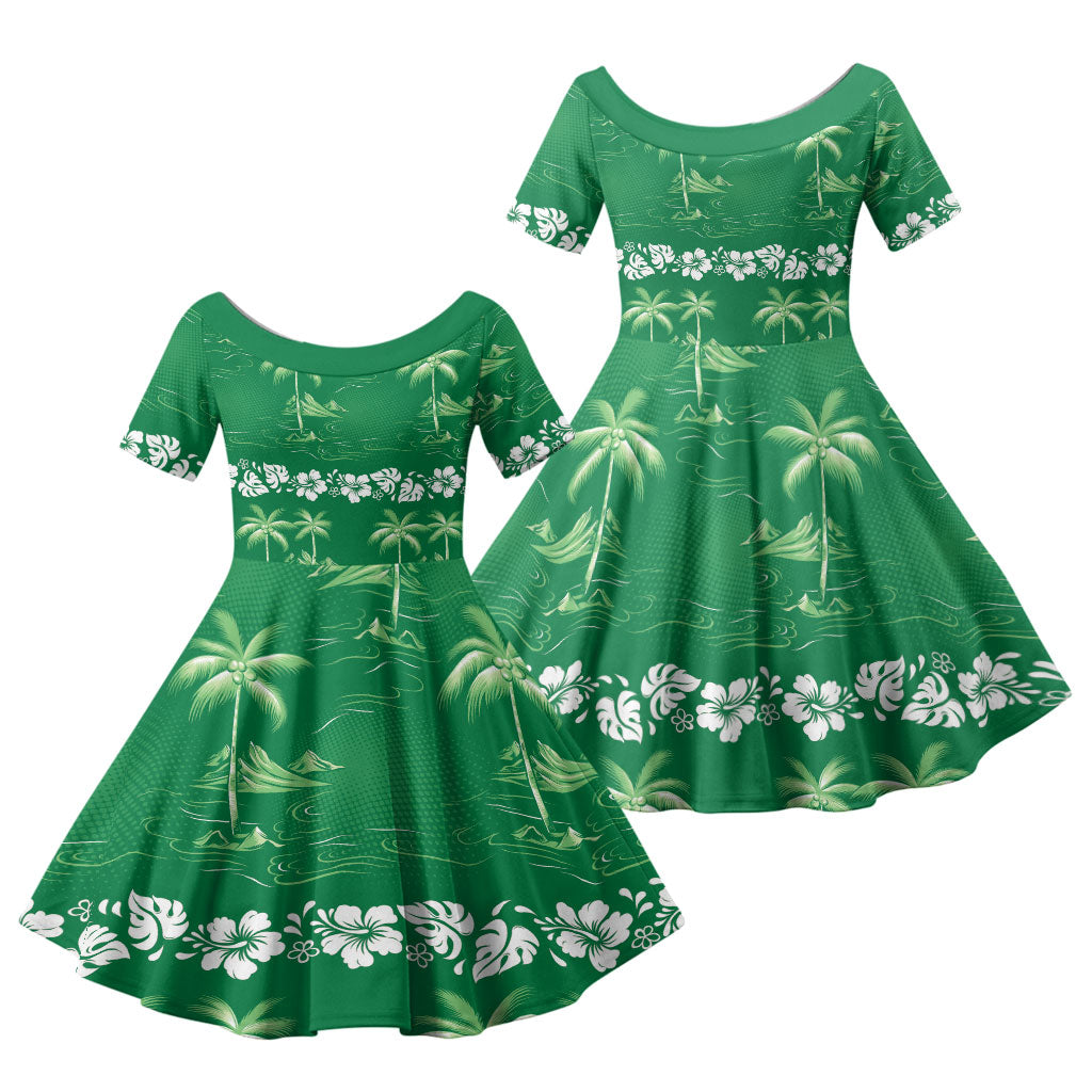 Green Hawaii Palm Tree Hibiscus Family Matching Summer Maxi Dress and Hawaiian Shirt Fantasy Summer Vibe LT01 Daughter's Dress Green - Polynesian Pride