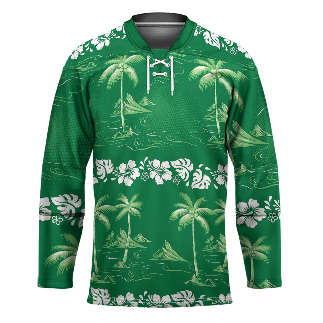 Green Hawaii Palm Tree Hibiscus Hockey Jersey Fantasy Summer Vibe