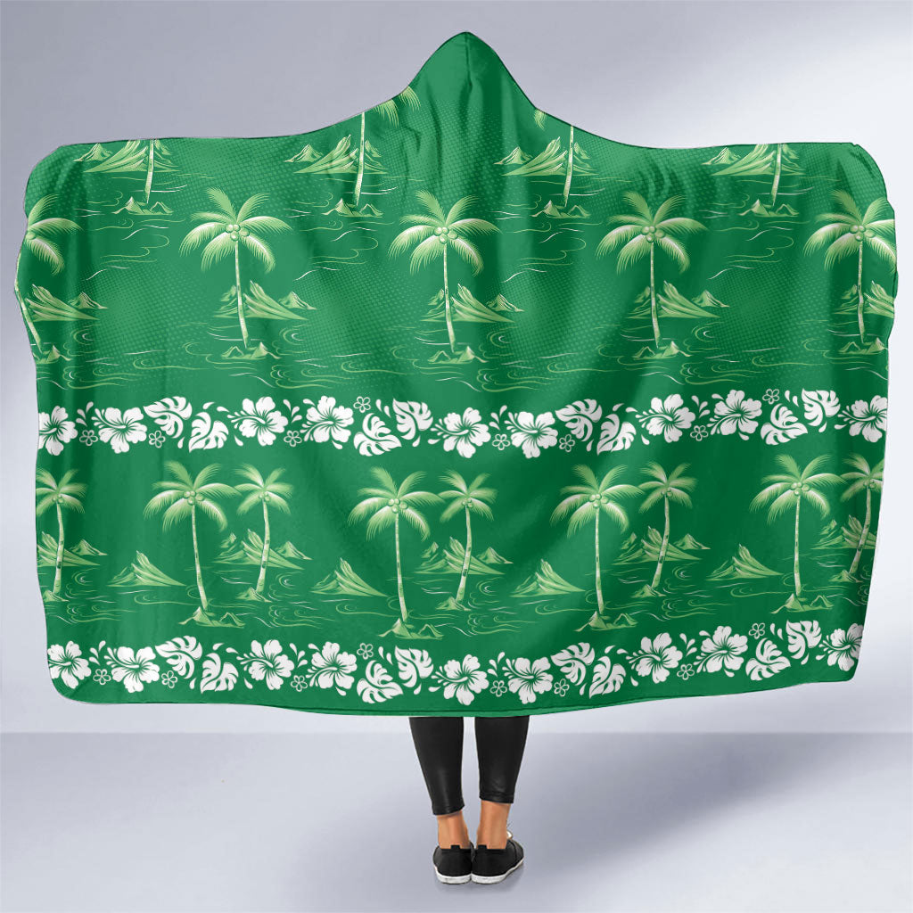 Green Hawaii Palm Tree Hibiscus Hooded Blanket Fantasy Summer Vibe