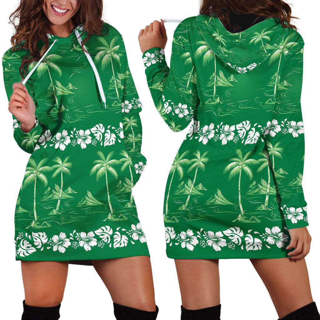 Green Hawaii Palm Tree Hibiscus Hoodie Dress Fantasy Summer Vibe LT01 - Polynesian Pride