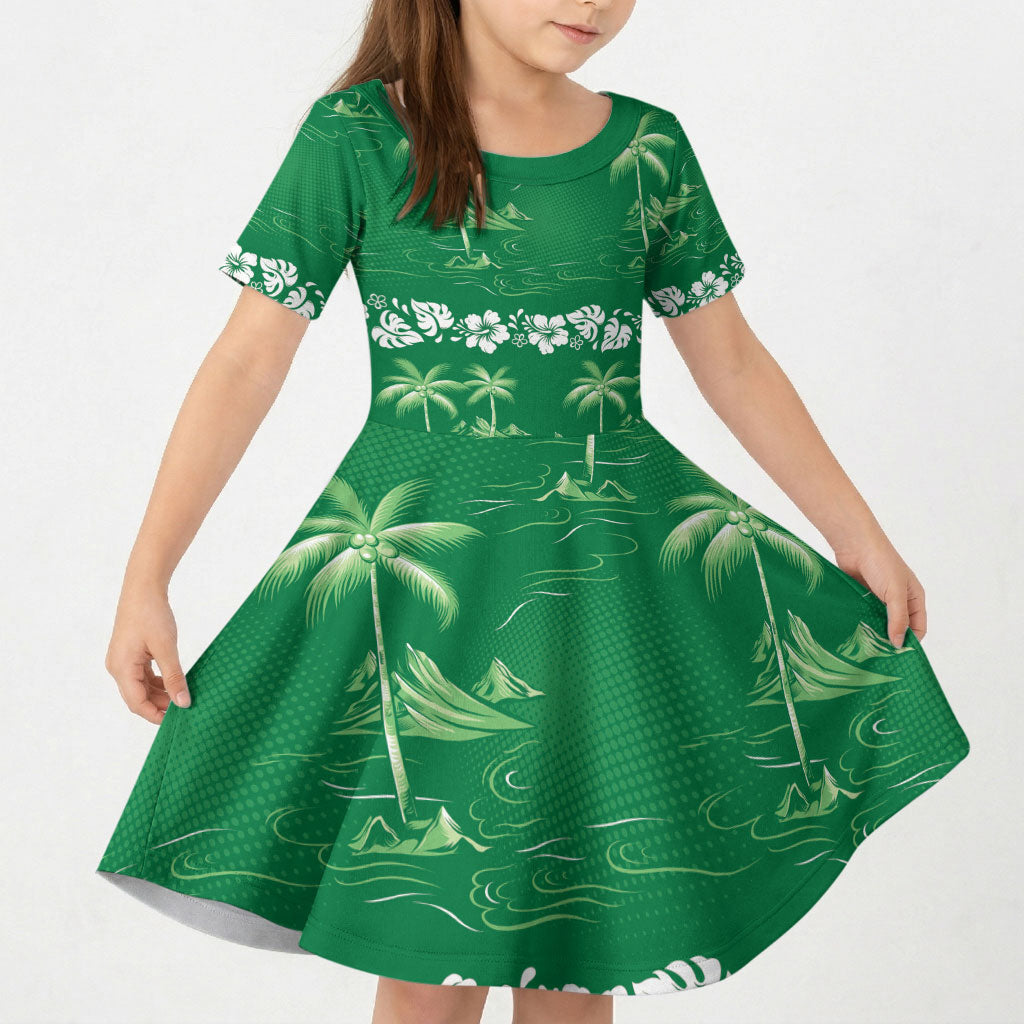 Green Hawaii Palm Tree Hibiscus Kid Short Sleeve Dress Fantasy Summer Vibe