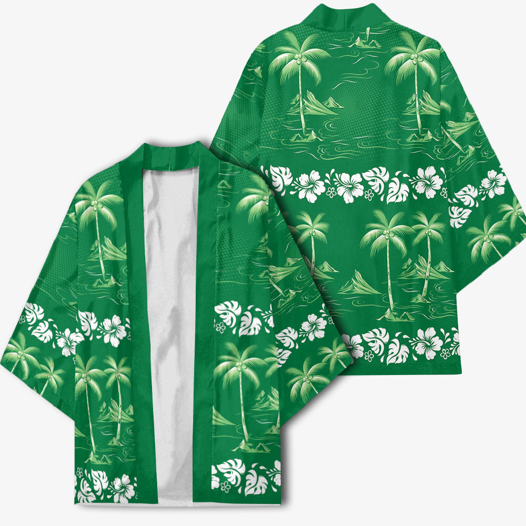 Green Hawaii Palm Tree Hibiscus Kimono Fantasy Summer Vibe LT01 - Polynesian Pride