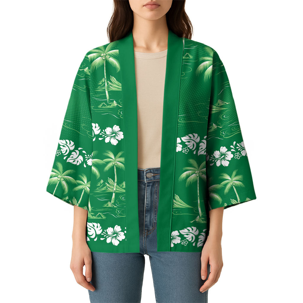 Green Hawaii Palm Tree Hibiscus Kimono Fantasy Summer Vibe LT01 - Polynesian Pride