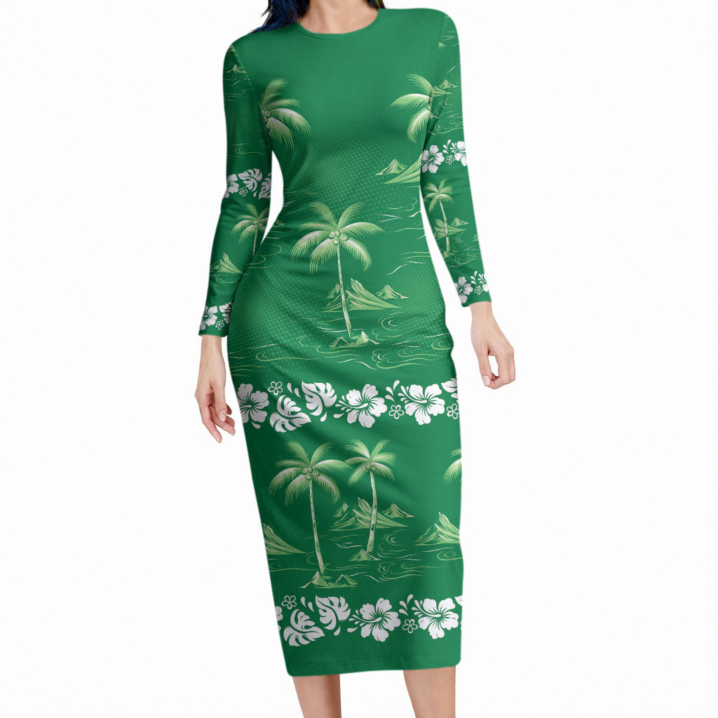 Green Hawaii Palm Tree Hibiscus Long Sleeve Bodycon Dress Fantasy Summer Vibe