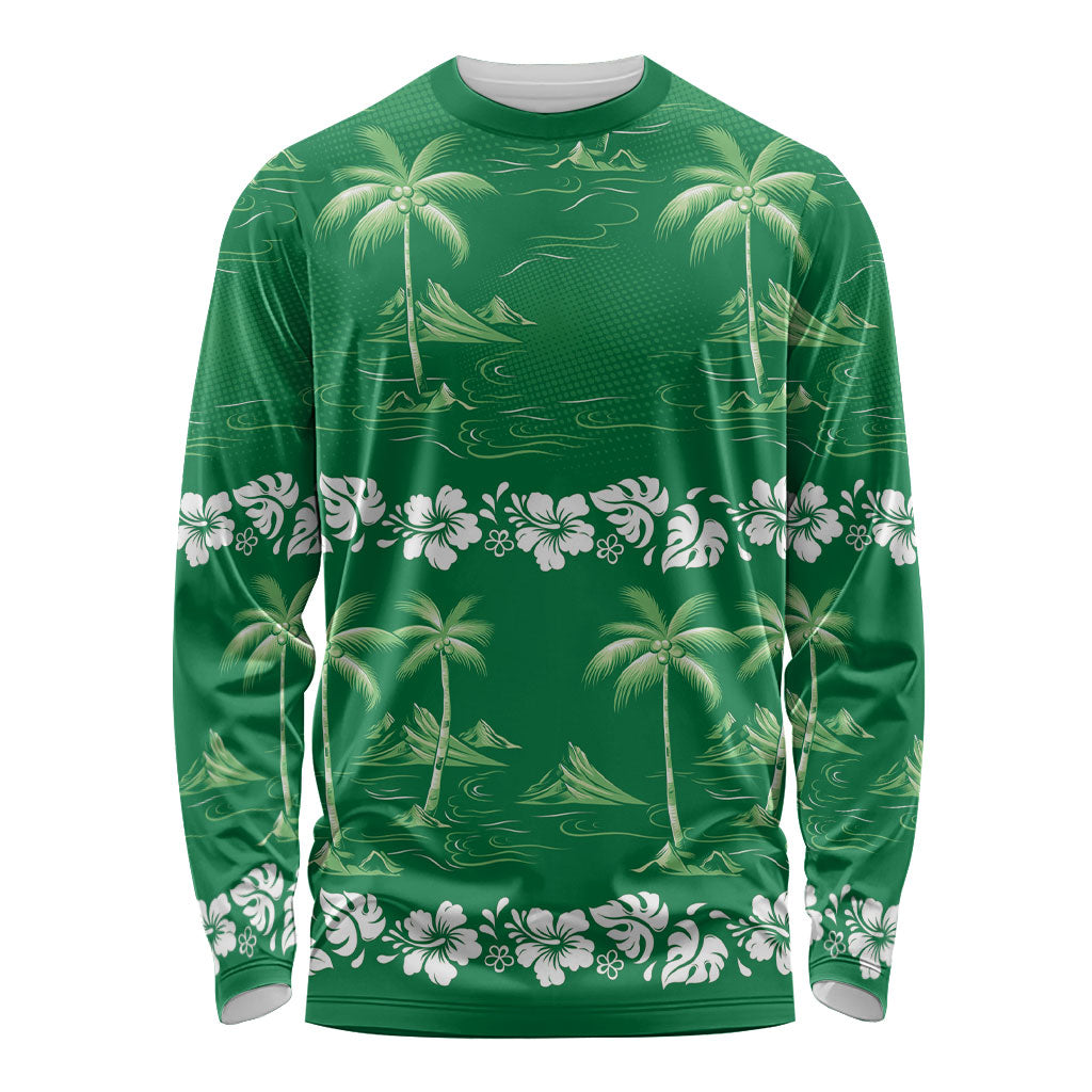 Green Hawaii Palm Tree Hibiscus Long Sleeve Shirt Fantasy Summer Vibe
