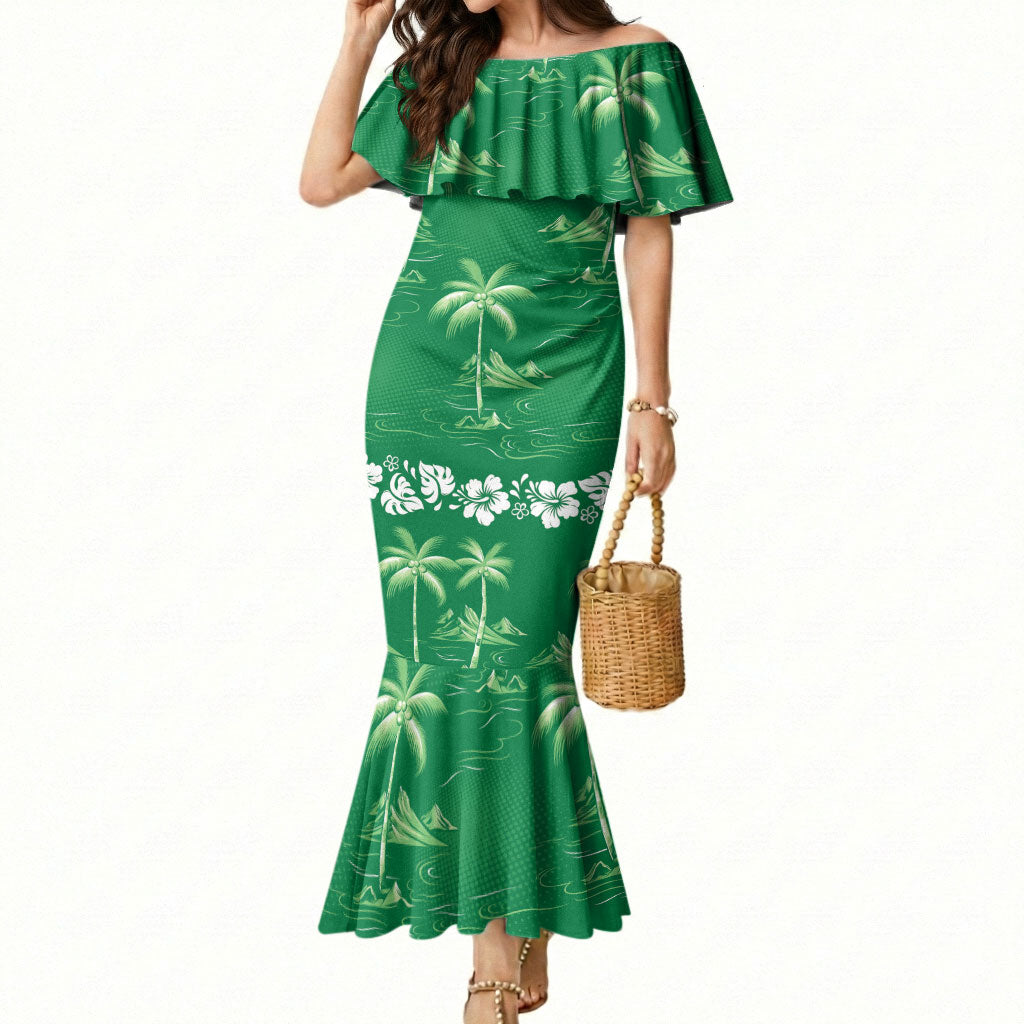 Green Hawaii Palm Tree Hibiscus Mermaid Dress Fantasy Summer Vibe